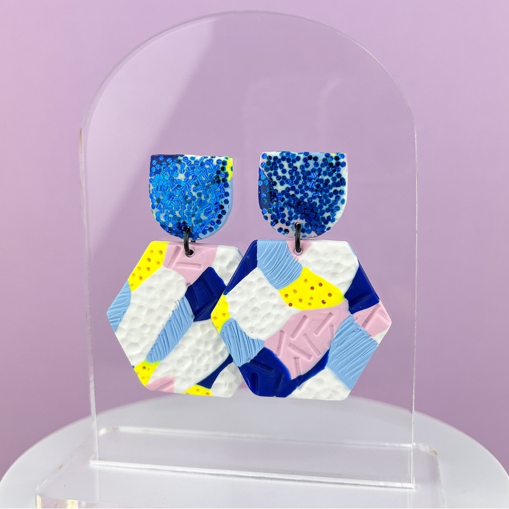 Abstract Textured Design Glitter Hexagon Dangle Handmade Clay Earrings - Picture 4 of 11